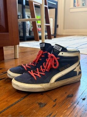 Golden Goose Navy High-Top Sneakers with Red Laces